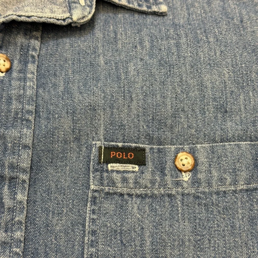 Vintage 90s Polo Ralph Lauren Denim Shirt Mens M USA Short Sleeve Workwear